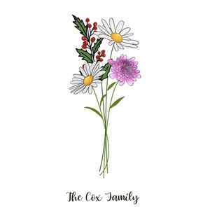 May include: A floral illustration featuring a bouquet of daisies with yellow centers, a pink chrysanthemum, and sprigs of red berries and green leaves. The text "The Cox Family" is written below the flowers.