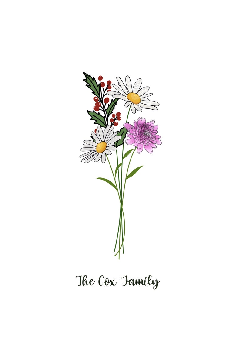 May include: A floral illustration featuring a bouquet of daisies with yellow centers, a pink chrysanthemum, and sprigs of red berries and green leaves. The text "The Cox Family" is written below the flowers.