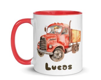 Personalized Fire Truck Mug with Child's Name, Tractor Truck Mug for Little Girl or Boy, Christmas Gift