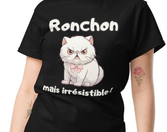 Women's T-Shirt with Humorous Text and Cat Print - Original Gift Idea for a Woman's Birthday - Cotton - Grumpy/Cringy