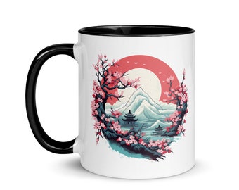 Mug Japan Flowers Cherry Tree Sakura Mountain Fuji Pagoda Landscape Nature Art Travel Cup Japanese Culture Ceramic Geek