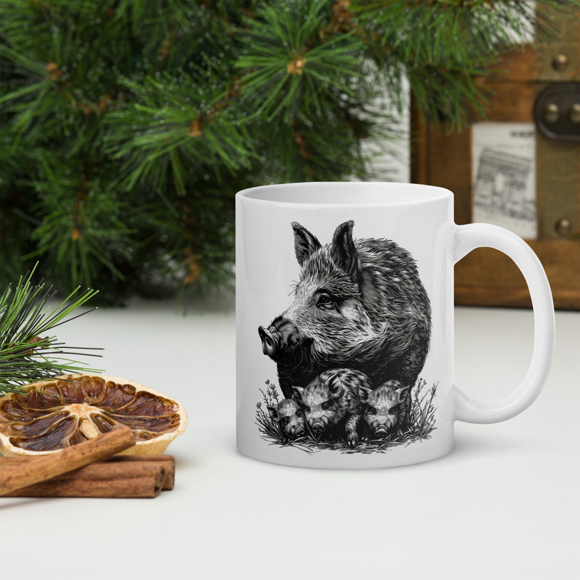 Tasse Mit Waldtier-Gravur – Hirsch, Fuchs, Wildschwein, Naturmotiv, 325 Ml, Spülmaschinenfest