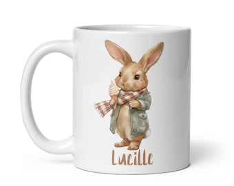 Personalized Mug with Child's Name, Rabbit Design, Mug for Little Girl or Boy, Lunch Gift, Christmas or Birthday Gift, Ceramic