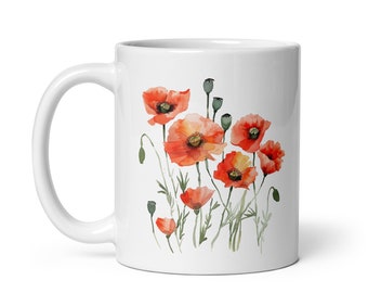 Flower Mug Poppies Tulips Watercolor Painting Nature Mug Tea Coffee Plants Gift Fantasy Original Floral Vintage Lily Rose Cherry Tree
