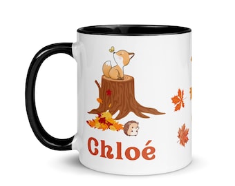 Personalized Fox Mug for Kids First Name Cup Cute Gift Glass Boy Girl Nature Cup Nursery School Hedgehog Wood Customizable