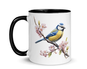 Blue Tit Bird Mug Animal Nature Fantasy Original Gift Ornithology Cherry Blossoms Coffee Tea