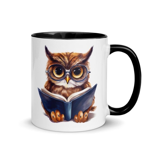 Mug Tasse Hibou Chouette Lecture Lire Livre Bibliothèque Musée Lunettes Intello Animaux Humour Cadeau Rapaces Oiseaux