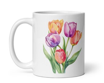 Tulip Flower Mug Watercolor Painting Nature Mug Tea Coffee Plants Gift Fantasy Original Floral Vintage Lily Rose Cherry Poppies
