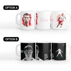 May include: Two sets of white ceramic mugs with different designs featuring Cristiano Ronaldo. The first set has a watercolour-style image of Ronaldo with red and white accents. The second set has a black and white image of Ronaldo with the text "CR7" and "Talent without working hard is nothing".