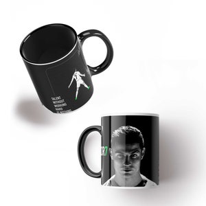 May include: Black ceramic mug with a white interior. The mug features a black and white image of Cristiano Ronaldo with the text "CR7" in green. The other side of the mug features a black and white image of Ronaldo playing football with the text "Talent without working hard is nothing".