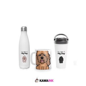 May include: Set of three white mugs with a brown and white dog illustration and the text "Life is better with My Dog". The mugs are a water bottle, a travel mug, and a standard mug.