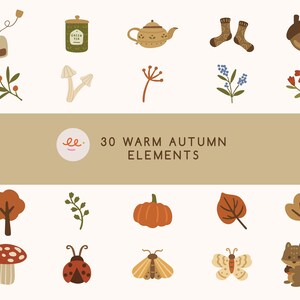 May include: A collection of 30 warm autumn elements featuring illustrations of a jar, tea bag, green tea canister, teapot, socks, acorn, pinecone, various leaves, mushrooms, flowers, a pumpkin, a ladybird, a moth, a butterfly, a squirrel, and a fox.