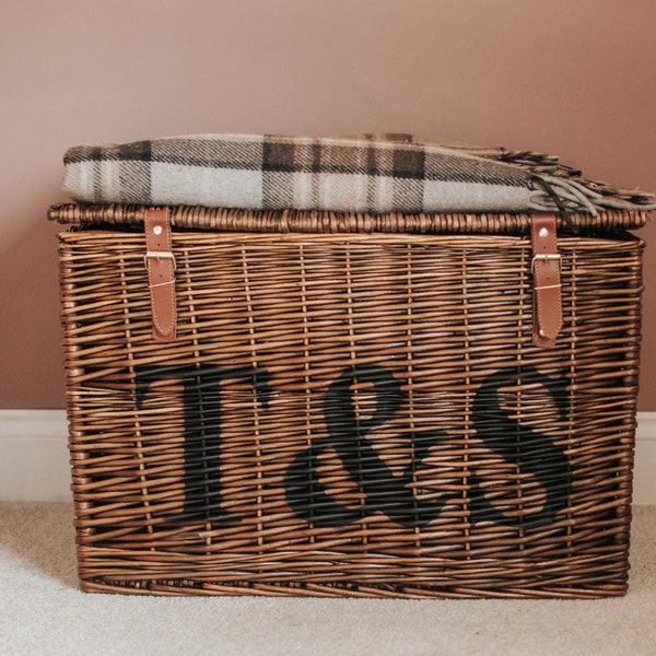 Personalised large wicker chest hamper trunk with lid handles | toy blanket storage box | log basket | branded home gift monogrammed initial
