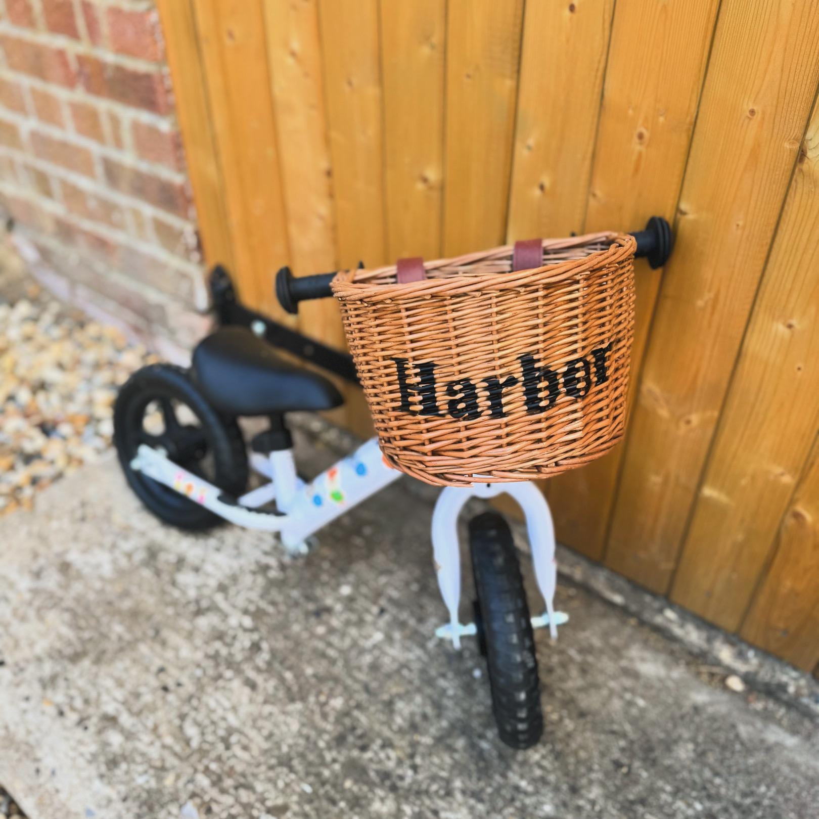 Personalised children's wicker bicycle basket kids scooter name initials printed bespoke leather straps adjustable summer gift U.K.