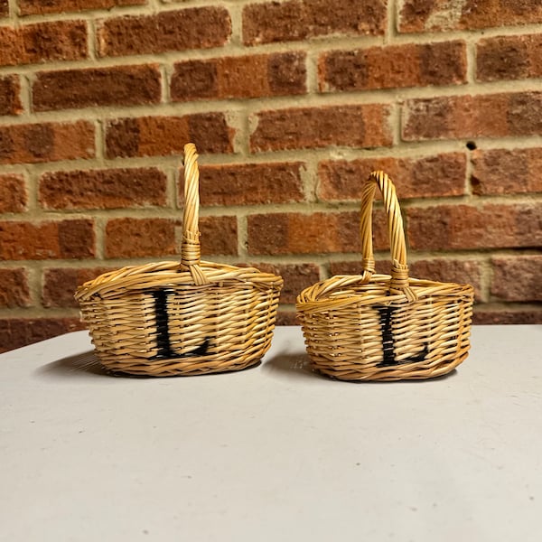 Personalised set of 2 mini children's wicker baskets little shoppers flower girl Easter egg baskets