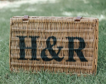 Personalised wicker hamper home rustic storage basket | wedding gift box | logo branded, bespoke pr gift | couples name monogram initials