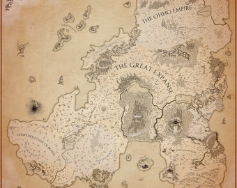May include: A hand-drawn map of a fictional world with various regions labeled, including "The Ohho Empire", "The Great Expanse", "Confederation of Beasts", "Empire of the Yuan-ti", "The Daha Desert", "The Frozen Wastes", "Icewind Mountains", and "The Ice Shell".