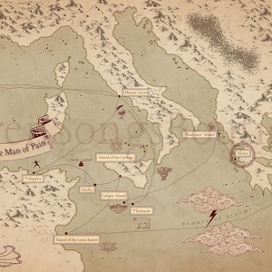 Mappa del viaggio di Odisseo dall'Odissea di Omero, mitologia greca epica