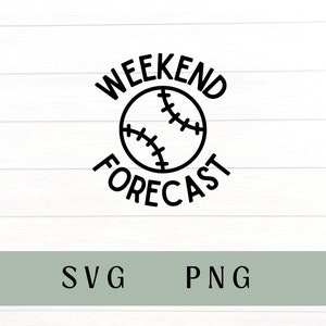 May include: Black and white graphic design with a baseball and the text "Weekend Forecast".