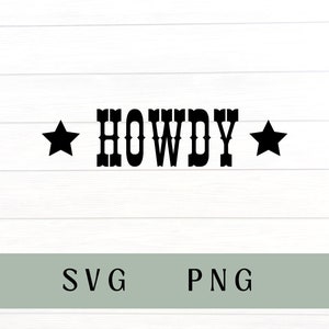May include: Black and white graphic design with the word "HOWDY" in a western font style. Two black stars are on either side of the word.
