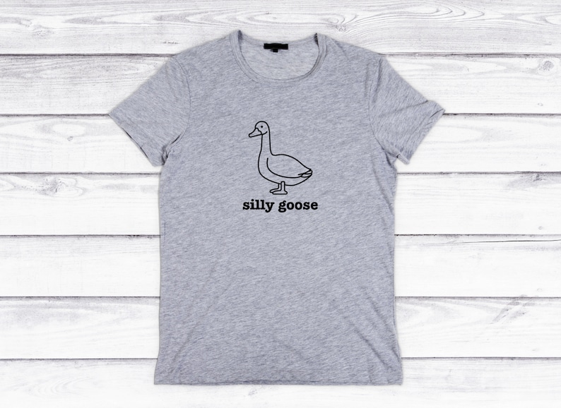 May include: A gray t-shirt with a black line drawing of a goose and the text "silly goose" printed on the front.