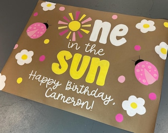 May include: A brown paper sign featuring the text "one in the SUN" with a yellow and pink sun graphic, white flowers with yellow centers, and pink ladybugs. The text "Happy Birthday, Cameron!" is written in white script at the bottom.