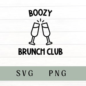 May include: Black and white graphic design with the text "Boozy Brunch Club" and two champagne glasses clinking together.