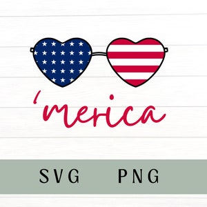 May include: A red, white and blue heart-shaped sunglasses design with the word 'merica' written in red cursive.