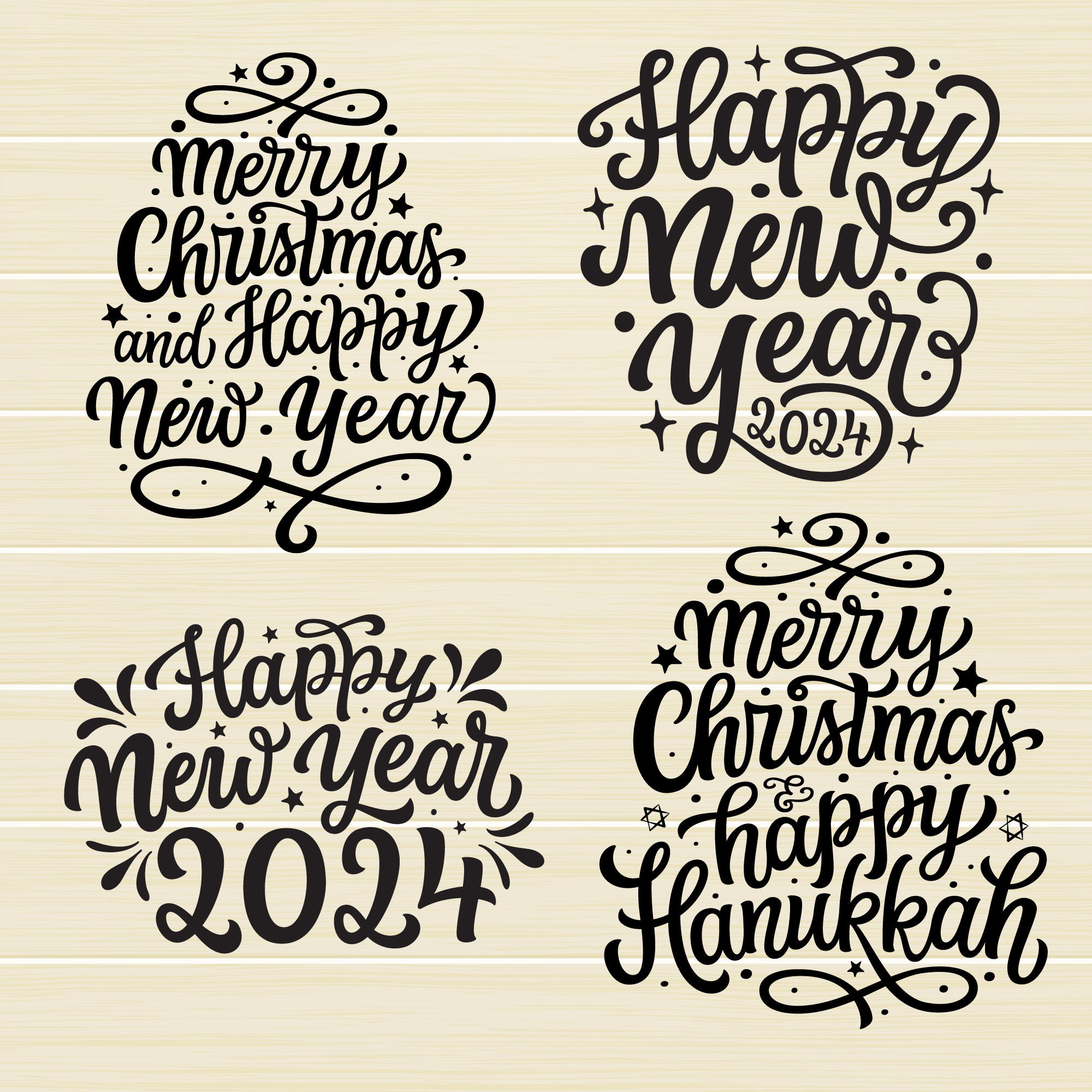Merry Christmas, Happy New Year 2024 and Happy Hanukkah SVG Bundle, Eps