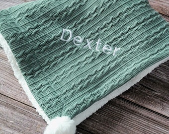 Personalised Sage Green Baby Blanket, Embroided Sage Baby Blanket, Sage Green Knitted Baby Blanket, Personalised Sherpa Baby Blanket