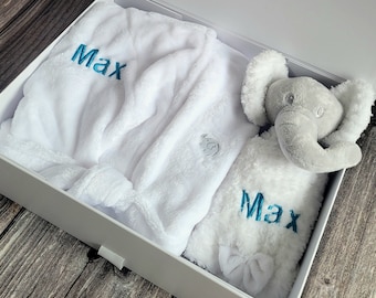 Personalised White Dressing Gown and Elephant Comforter Gift Set, Personalised Baby Gift Box Hamper,  New Baby Gift, Baby Shower Gift Set