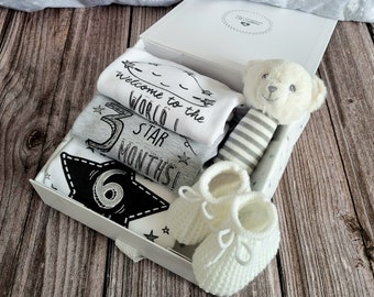 Milestone Baby Vest Gift Set, White and Grey Baby Vest Gift Box, New Baby Gift Box, Baby Shower Gift, Bear Baby Gift, Polar Bear Gift Box