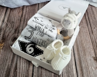 Zebra Milestone Baby Vest Gift Set, White and Grey Baby Vest Gift Box, New Baby Gift Box, Baby Shower Gift, Baby Gift, Zebra Baby Gift Box