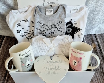 Newborn Baby Gift Hamper, Unisex Baby Gift Box with Parent Mugs, New Baby Gift Box, Baby Shower Gift Set, New Parent Gift Box with Mugs