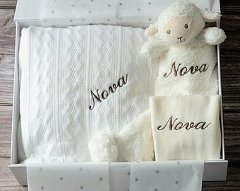 Personalised Lamb Baby Gift Hamper, Lamb Comforter and Blanket Gift Set, White Personalised Baby Gift  Hamper,  Personalised Cardigan Gift