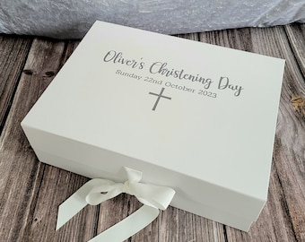 Personalised Baby Christening Box , Christening Keepsake Box, Baby Baptism Gift Box, White and Silver Christening Gift Box