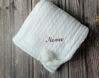 Personalised White Cable Knit Blanket, White Embroided Baby Blanket, Personalised Cable Knit Blanket,  Custom Sherpa Blanket