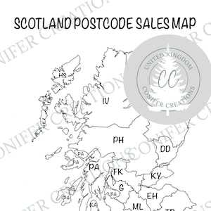 Einfache Postcode Map, Schottland Sales Tracker, UK Postcode Sales Map, Small Business Tracker, Etsy Sales Tracker, Farbe in, Schwarz Weiß