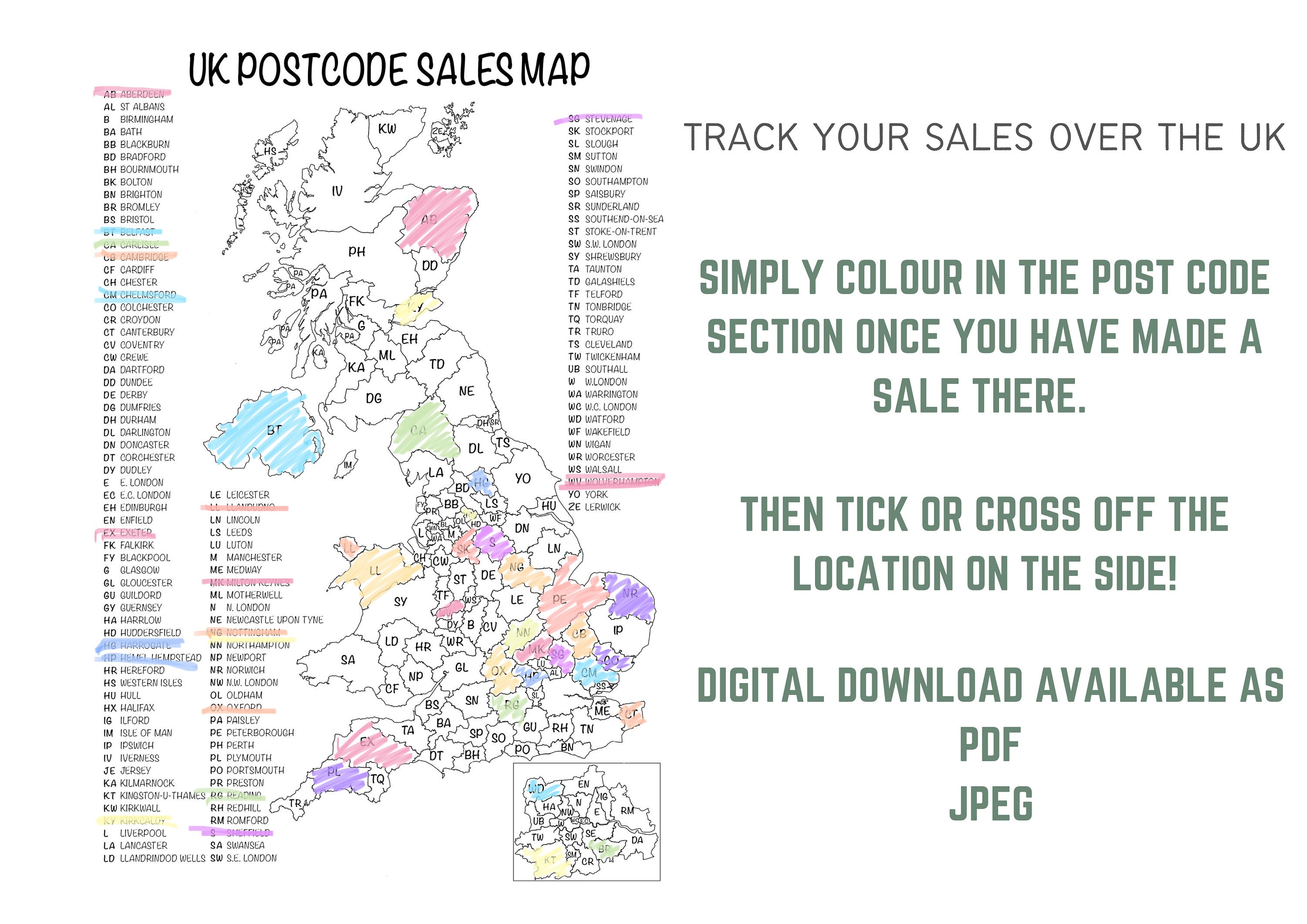 Simple Postcode Map, UK Sales Tracker, UK Postcode Sales Map, Small ...