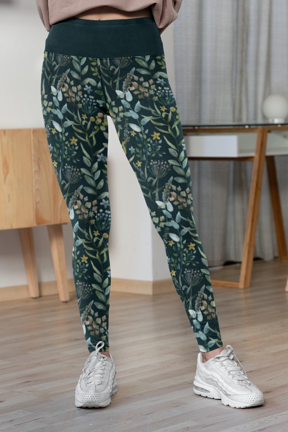 Floral Yoga Leggings Flowery Sport Leggings High Waist Gym Pants Bright  Green Watercolor Greenery Leggings Watercolor Floral Activewear 