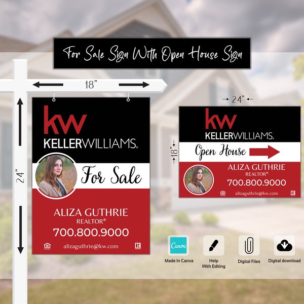 Real Estate Yard Sign, For Sale Sign Template, Editable Canva Template, Yard Sign Design, Open House Sign Template, Keller Williams Sign