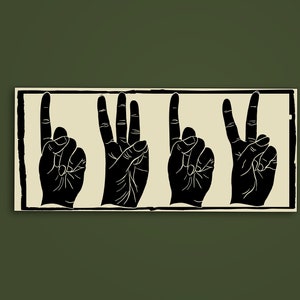 Peut inclure: Quatre silhouettes de mains noires sur un fond crème avec une bordure noire. Les mains font les signes pour les nombres un, deux, trois et quatre.