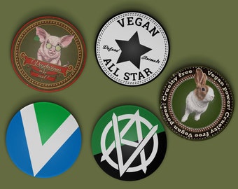 Pack 5 badges Vegan, Animal Rights, Animal Liberation, Vegan For The Animals, Vegan Veins, Veganism, Veganarchism, Vegan et solidaires