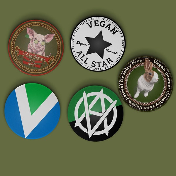 Pack 5 badges Vegan, Animal Rights, Animal Liberation, Vegan For The Animals, Vegan Veins, Veganism, Veganarchism, Vegan et solidaires