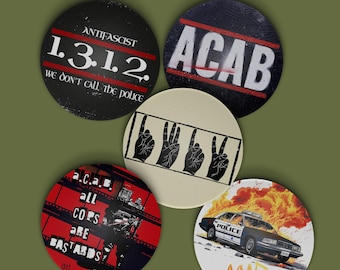 Pack 5 buttons Acab, acab pin, Antifa punk, Antiracist, Antifascist, FCK cps, No justice No peace, Defund The Police, Police abolition