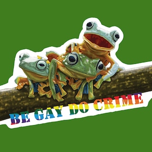 Happy Frogs, Be Gay Do Crime Stickers, Autocollants en vinyle durables et résistants aux intempéries, Gay, LGBT, Queer art, Anarchy, Pride, Funny LGBTQ Sticker