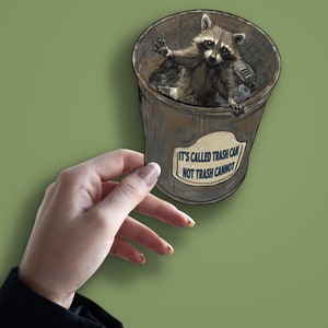 May include: A raccoon sitting in a metal trash can with the text "IT'S CALLED TRASH CAN NOT TRASH CANNOT" on the side.