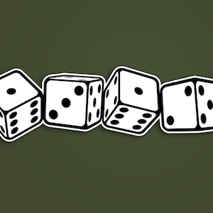 Peut inclure: Quatre dés blancs avec des points noirs sont disposés sur un fond vert foncé. Les dés sont dans différentes orientations, montrant différents nombres de points. Les dés ont un contour noir.