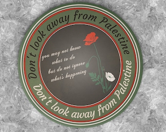 Spilla Palestina: Non distogliere lo sguardo, spille Palestina gratis