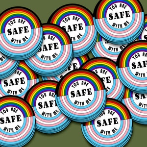 Confezione da 15 You Are Safe With Me - Piccoli adesivi Ally, Alleato LGBTQ+, Arcobaleno, Spazio sicuro, Queer, Bandiera dell'orgoglio del progresso, Bandiera trans, Orgoglio, Alleato